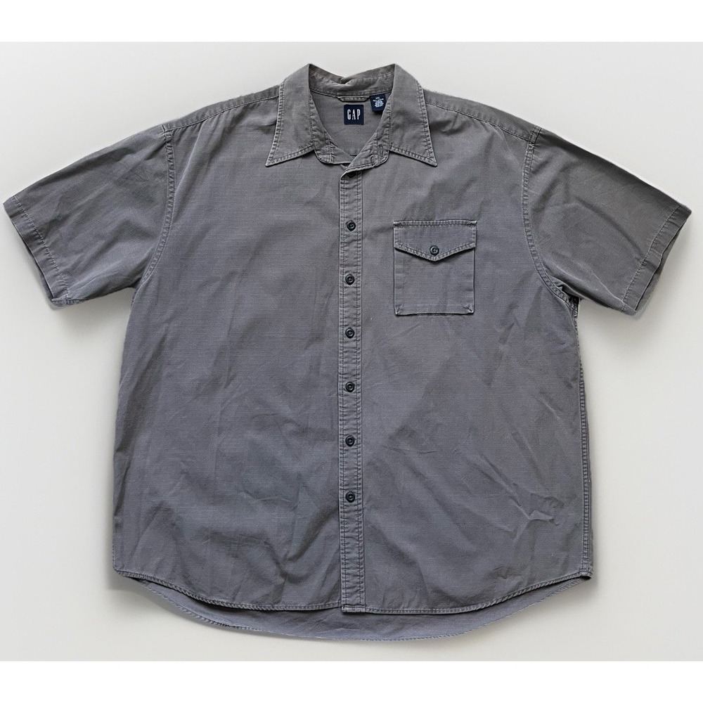 Vintage GAP Mens XXL Short Sleeve Gray Button Down Shirt 100% Cotton 90's - Picture 2 of 6